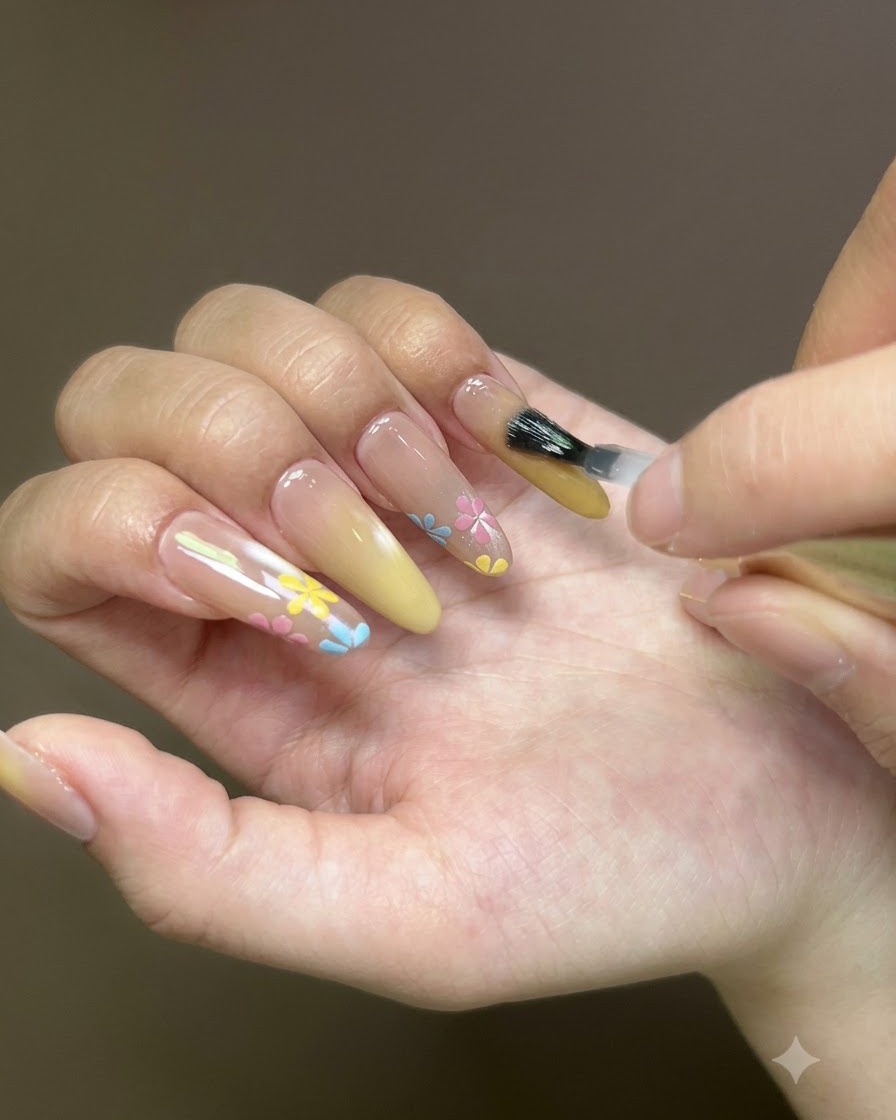Un pincel de uñas aplicando una capa superior transparente a una uña del dedo anular decorada.