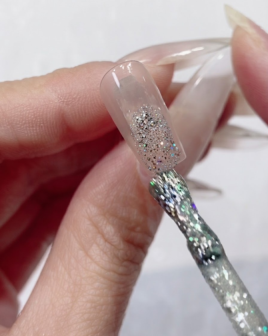 Un pincel de esmalte en gel depositando purpurina holográfica plateada gruesa en la punta de una extensión de uña transparente.