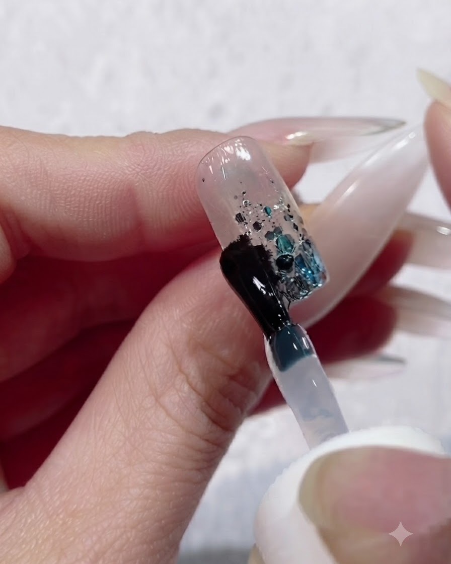Una mano colocada dentro de una lámpara de uñas UV LED para curar la capa de gel constructor en una uña.