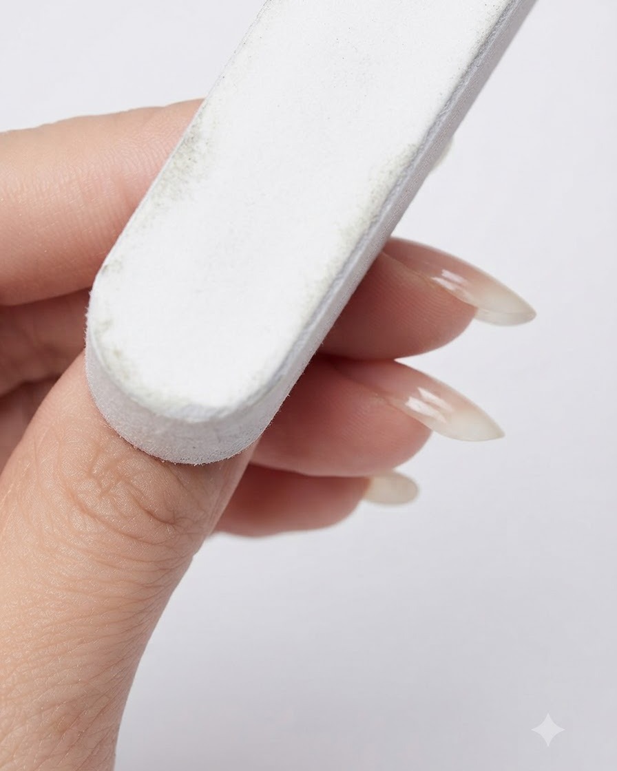Un pulidor de uñas grueso alisando la superficie de una uña encapsulada en gel terminada.