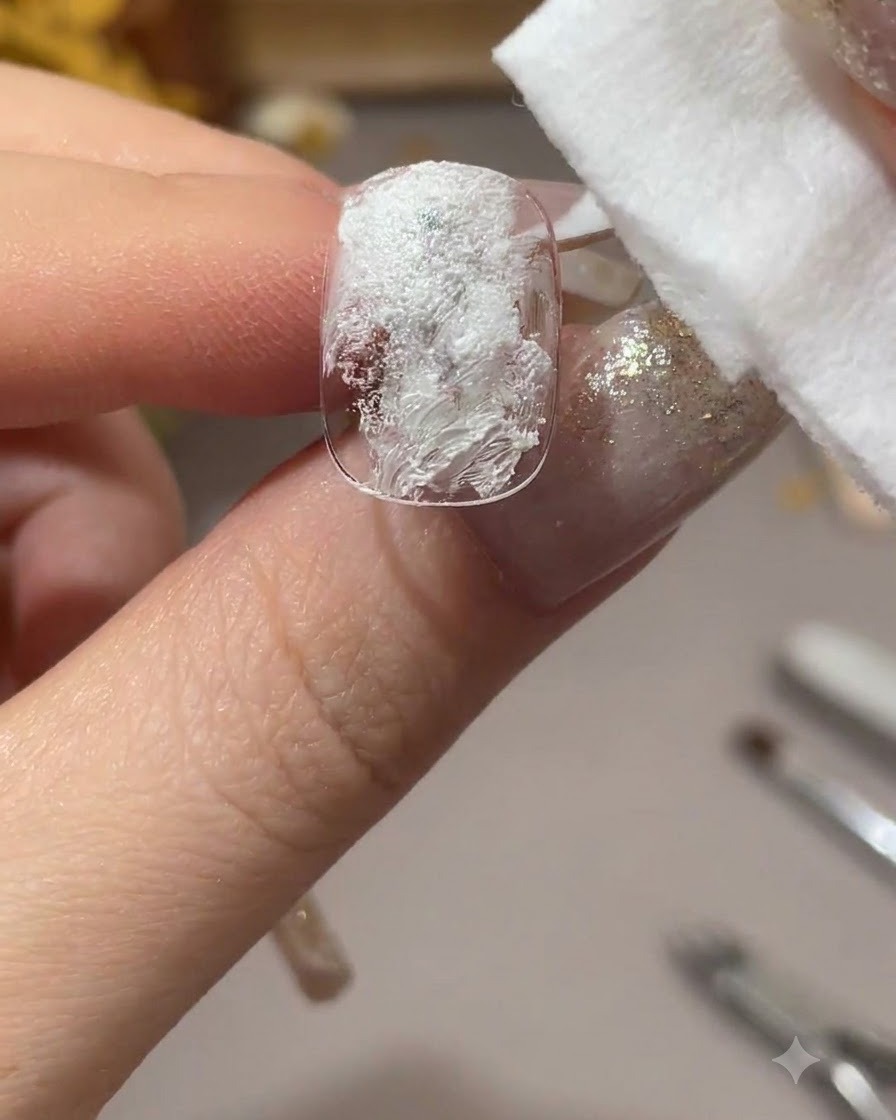 Una almohadilla de algodón seca presionándose sobre una uña recubierta de gel blanco para crear textura.