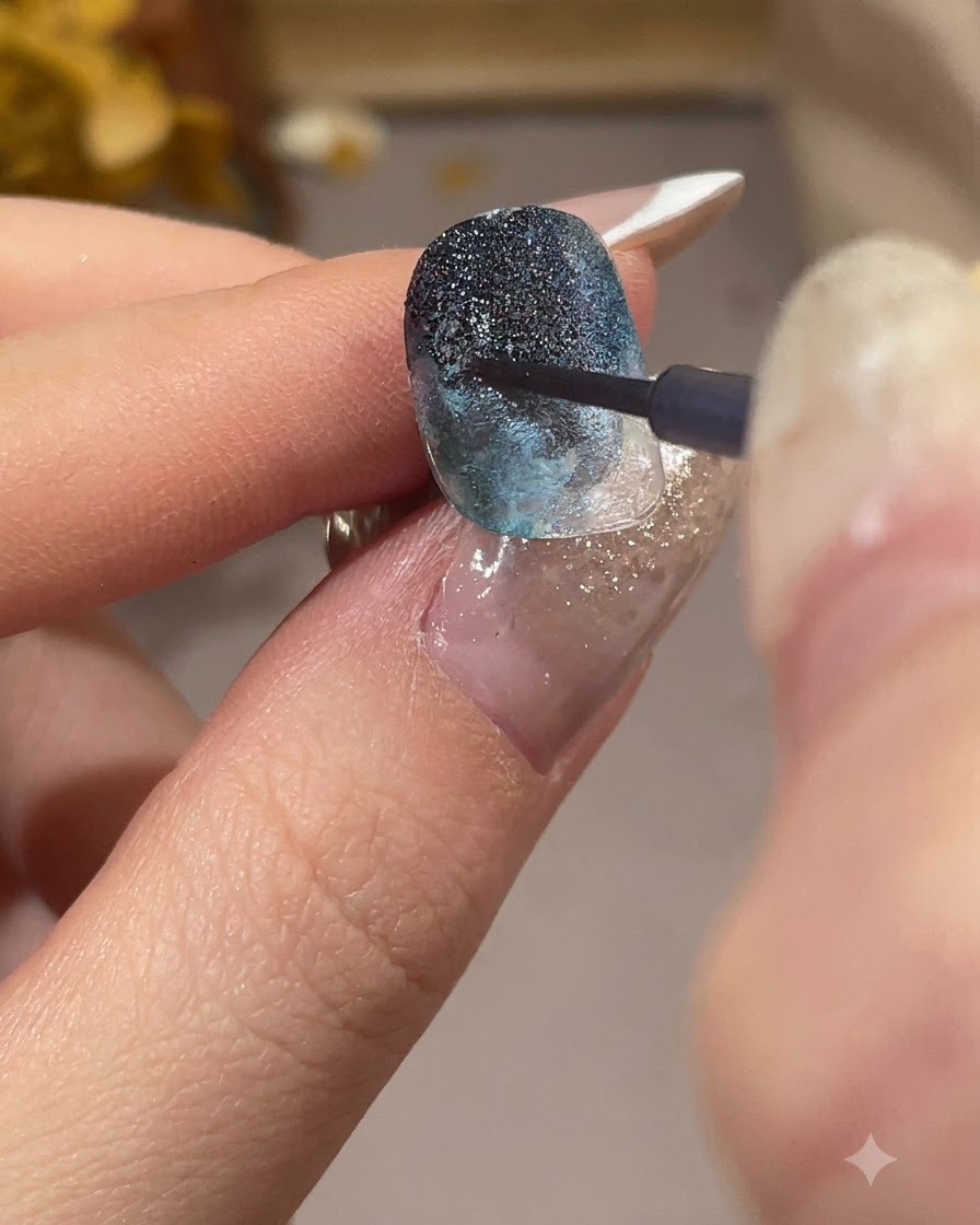 Vista en primer plano de un pincel de uñas aplicando líquido de purpurina nacarada brillante en el centro de un diseño de uñas azul.