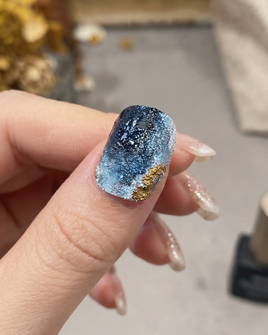 Primer plano de una mano utilizando un pincel de detalle fino para aplicar detalles metálicos dorados a lo largo del borde texturizado de una uña azul.