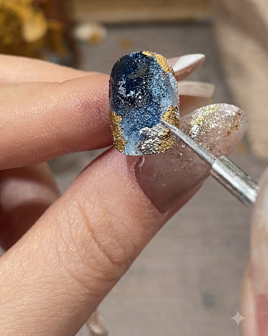 Primer plano de un pincel de detalle aplicando líquido metálico plateado a lo largo de los bordes texturizados de un diseño de uña azul y dorada.