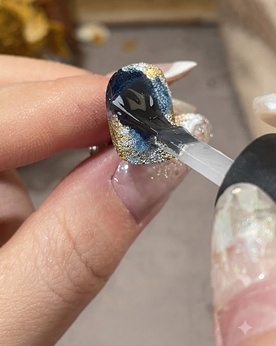Un pincel aplicando una capa superior transparente y brillante sobre un diseño de uñas galáctico completado en azul, oro y plata.