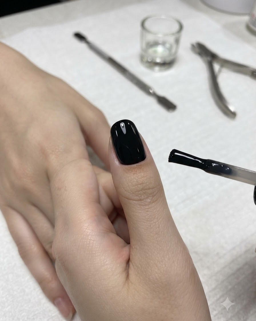 Un bloque esponja siendo utilizado para difuminar el borde de una aplicación de gel negro en una uña.