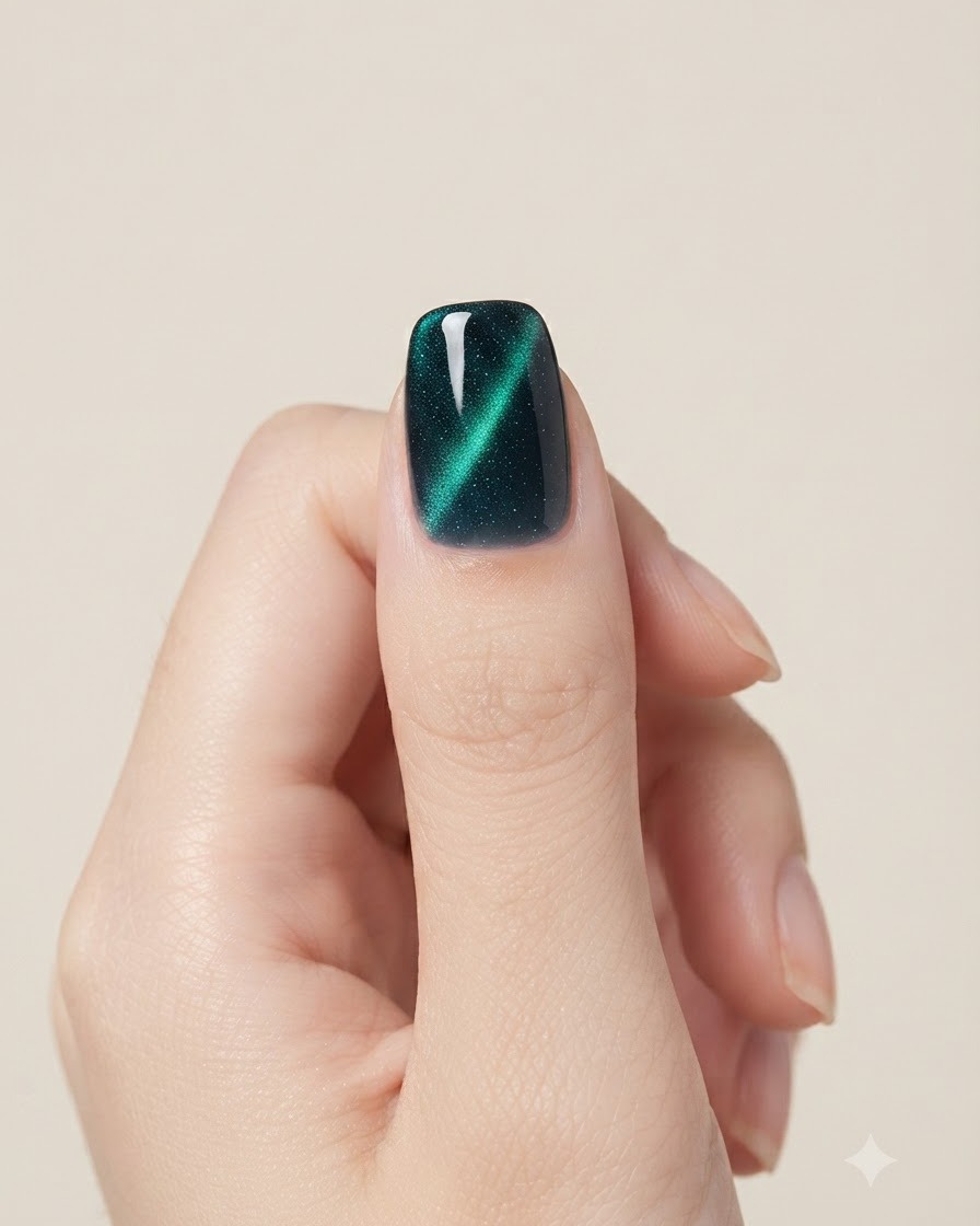 Una herramienta magnética esférica flotando sobre una uña de gel cat-eye azul verdoso húmeda.