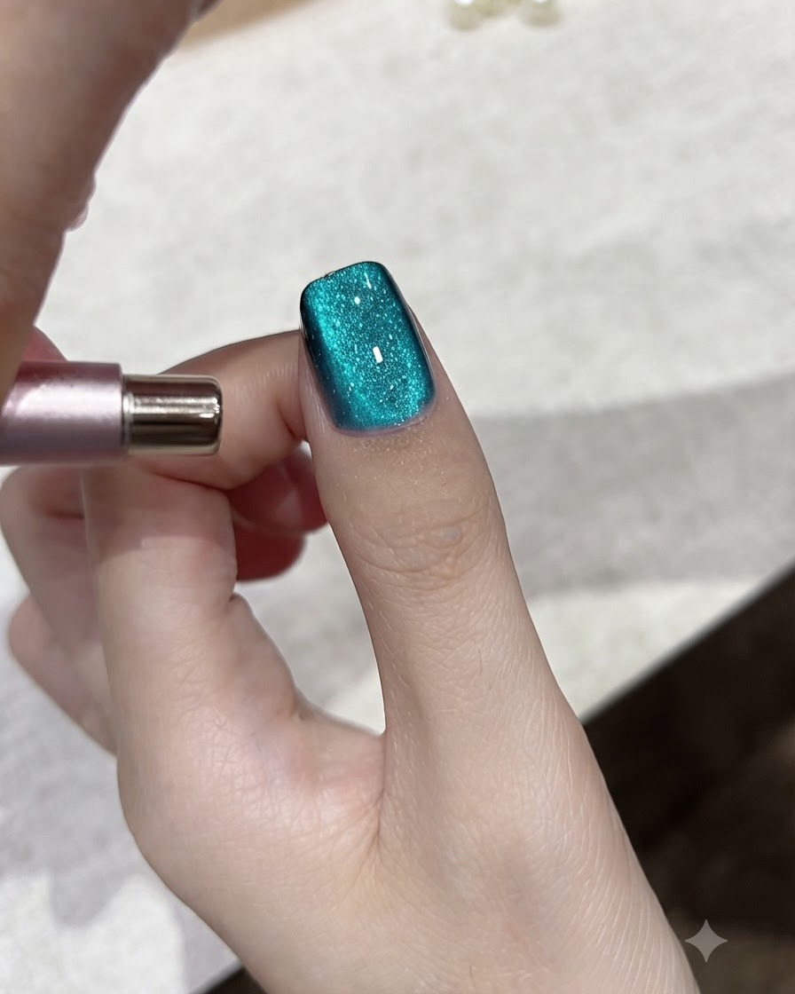 Una herramienta magnética ajustando el reflejo de la luz en una uña de gel cat-eye azul verdoso.