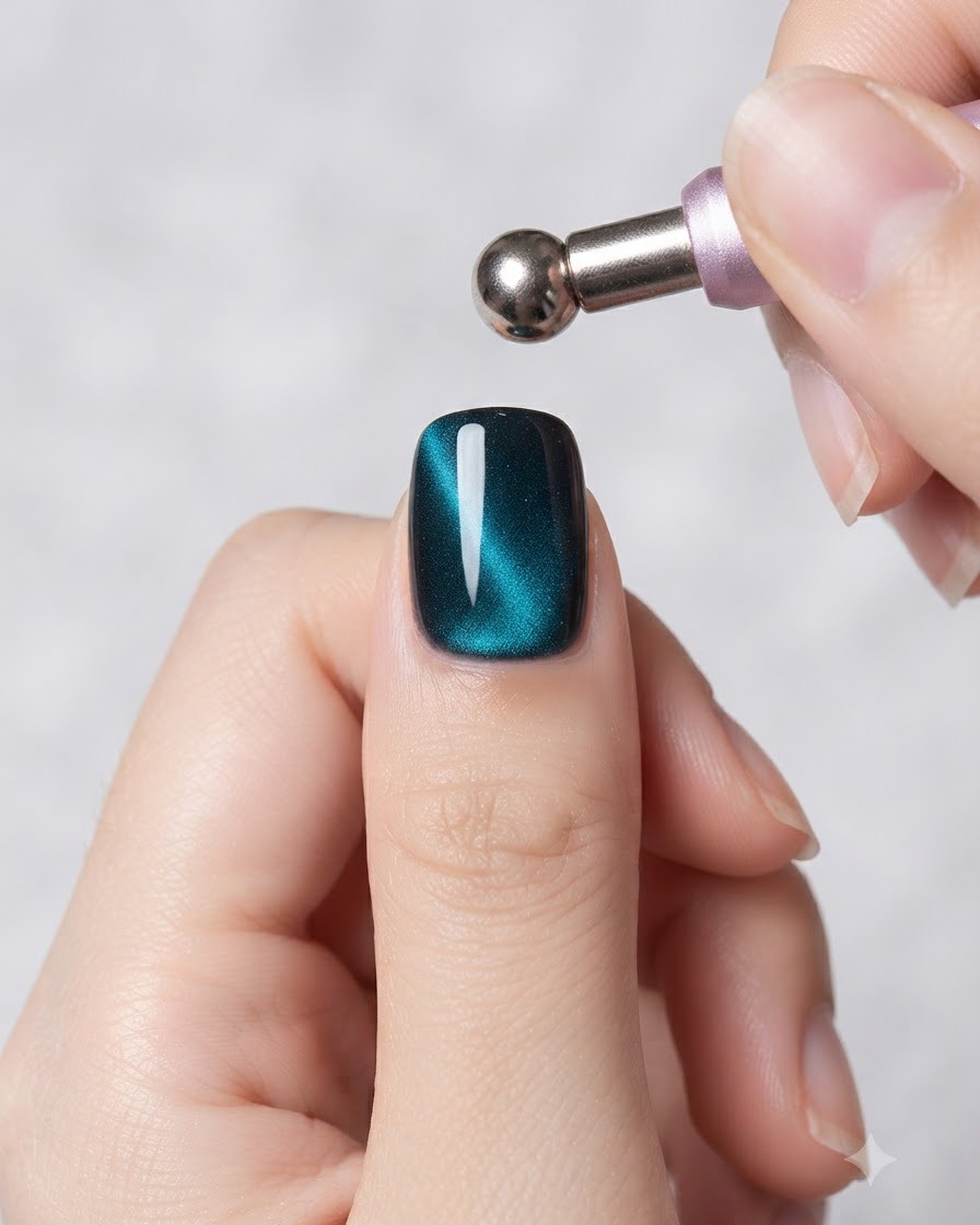 Una varita con herramienta magnética con punta de esfera de metal flotando sobre una uña de gel cat-eye turquesa para moldear las partículas magnéticas.