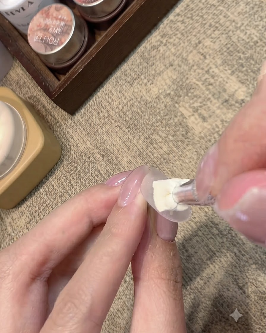 Un pincel aplicando una capa de gel nude lechoso sobre un soporte transparente para exhibición de uñas.