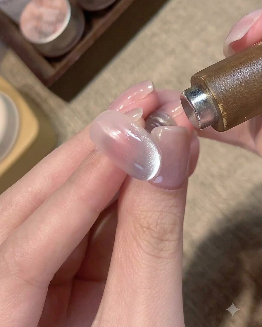 Una herramienta magnética sostenida cerca del costado de una uña para manipular el efecto de brillo cat-eye azul.