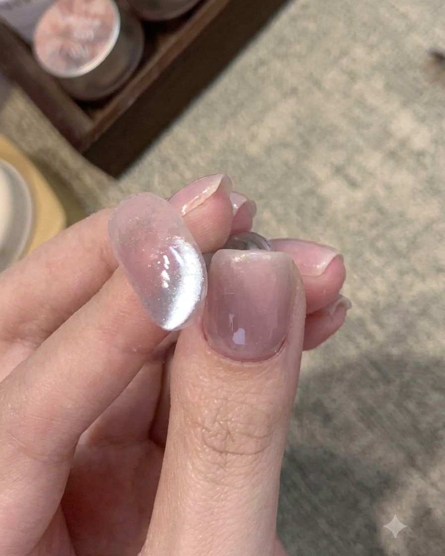 Primer plano de una punta de uña transparente con un brillo cat-eye azul concentrado desplazado hacia un lado.