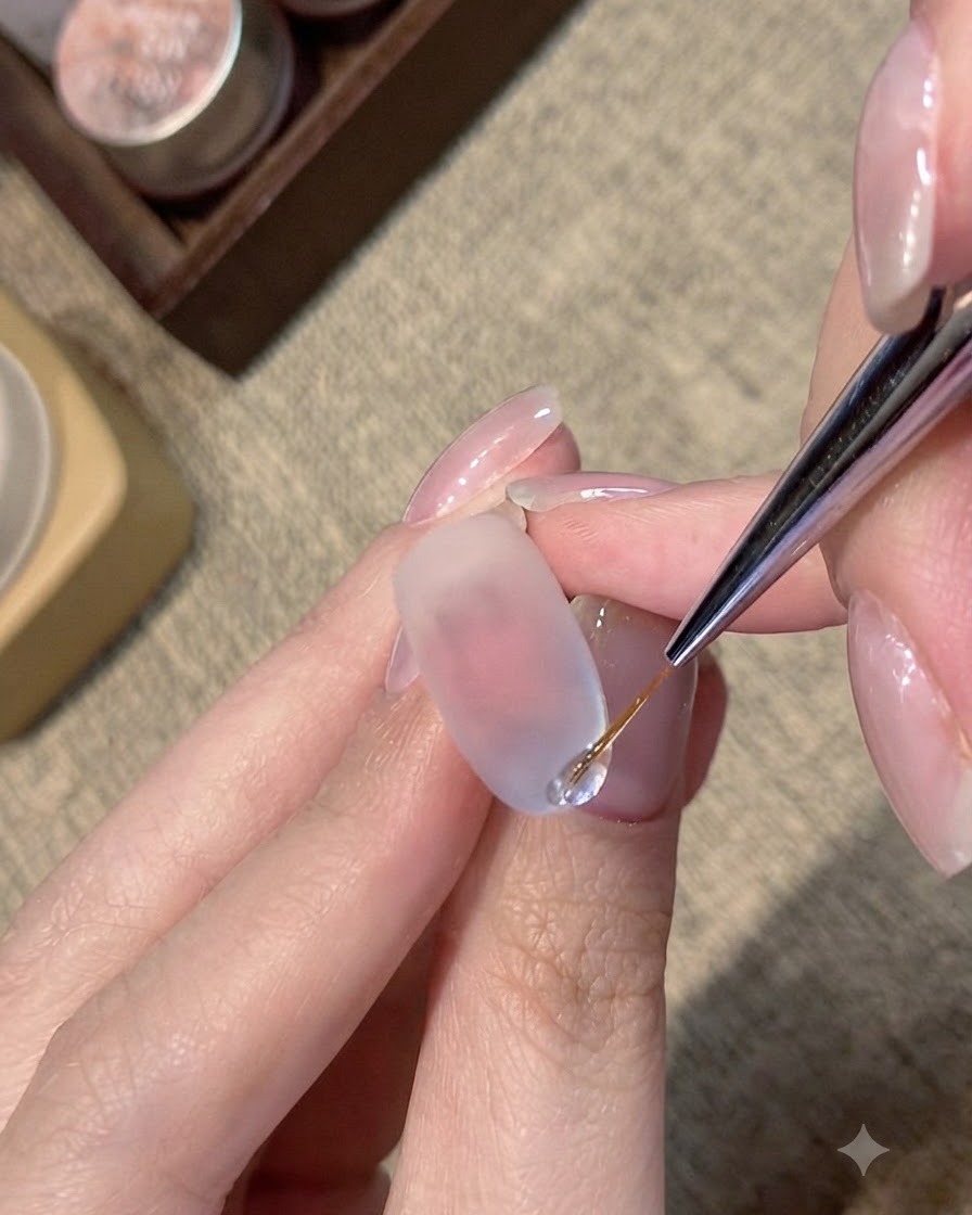 Un pincel delineador fino de nail art aplicando una línea brillante y elevada de gel transparente en el borde libre de una uña mate con brillo azul.