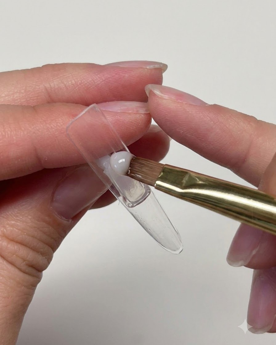 Un pincel plano aplicando gel transparente en el lado hueco interno de un tip de extensión de uña transparente y largo.