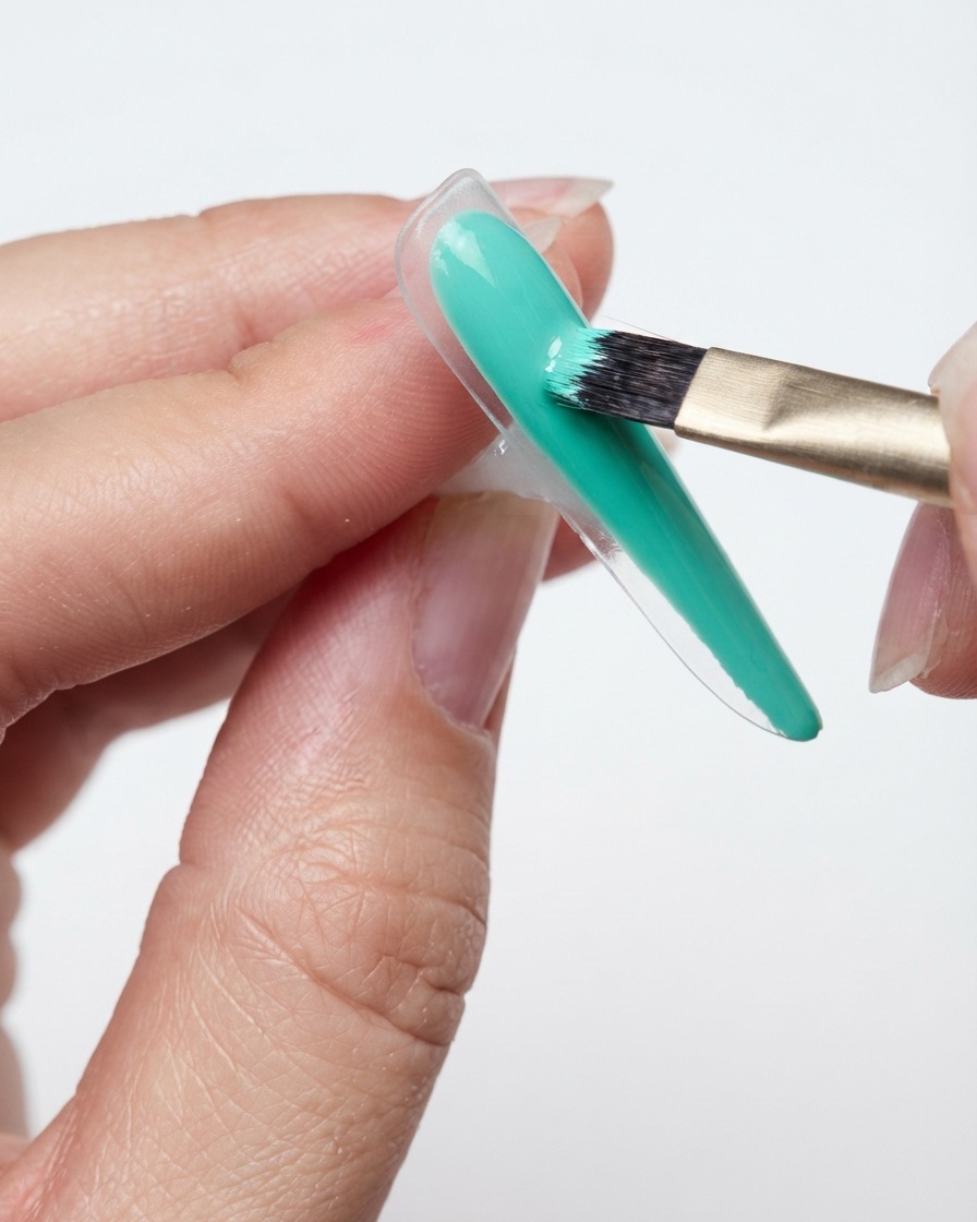 Un pincel aplicando cuidadosamente gel de color verde menta a lo largo del borde inferior y la parte inferior de un tip de uña transparente.