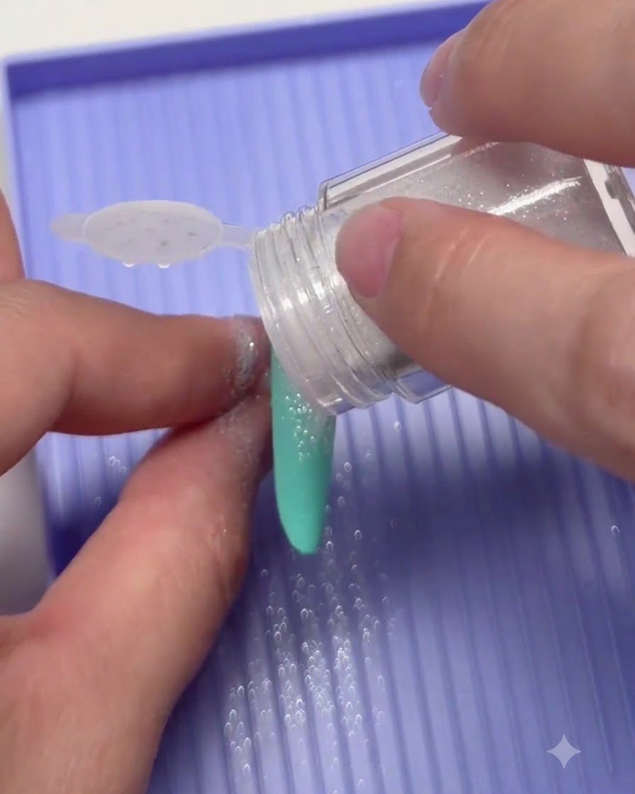 Polvo de glitter de azúcar blanco siendo vertido desde un frasco directamente sobre un diseño de uña verde menta.