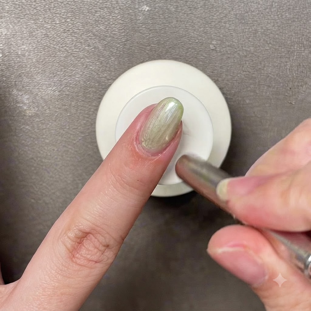 Una herramienta magnética flotando sobre una uña recubierta de gel verde claro para dar forma al reflejo de luz.