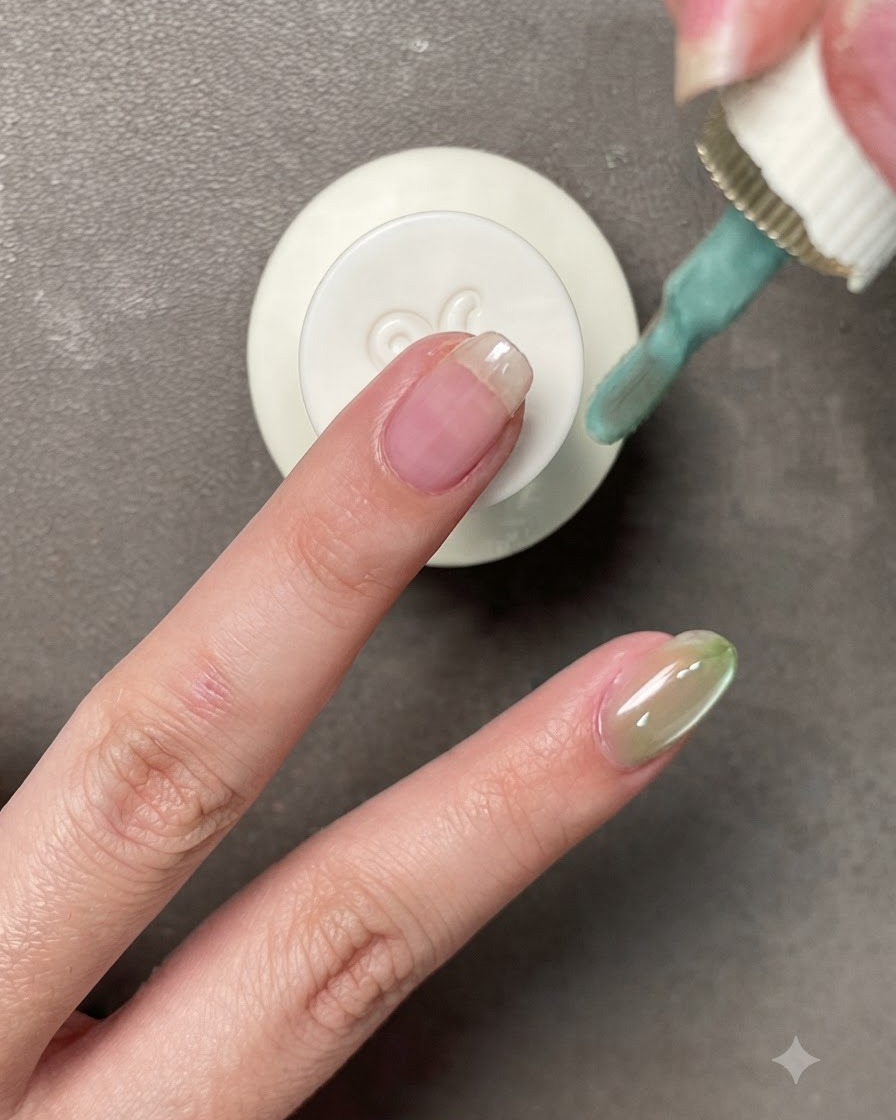 Un pincel de esmalte de uñas aplicando un gel verde salvia pálido sobre una uña.