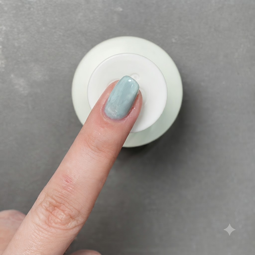 Una herramienta de lápiz magnético colocada sobre una uña de gel verde salvia para concentrar la línea de brillo.