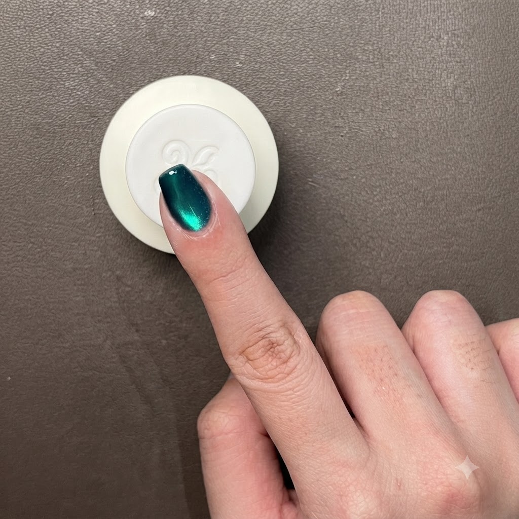 Un acercamiento de un dedo con gel ojo de gato verde metálico oscuro, que muestra un reflejo de luz circular brillante en forma de cuenta de vidrio.