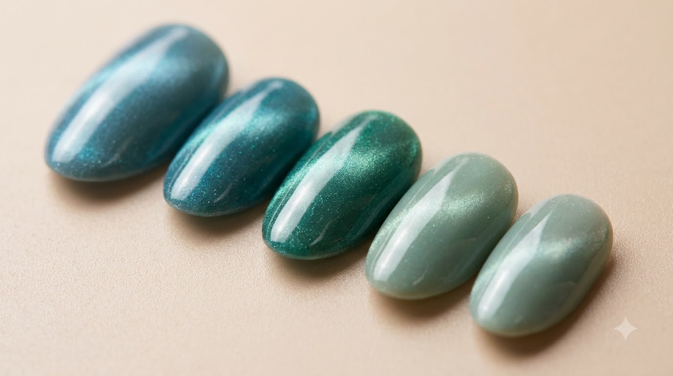 Uñas de gel degradadas y efecto ojo de gato azul verdoso: Tutorial paso a paso