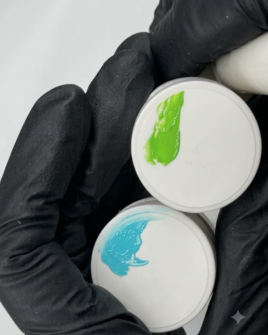 Una mano con guantes mostrando gotas frescas de gel de esmalte verde azulado y verde brillante sobre tapas de frascos blancas.