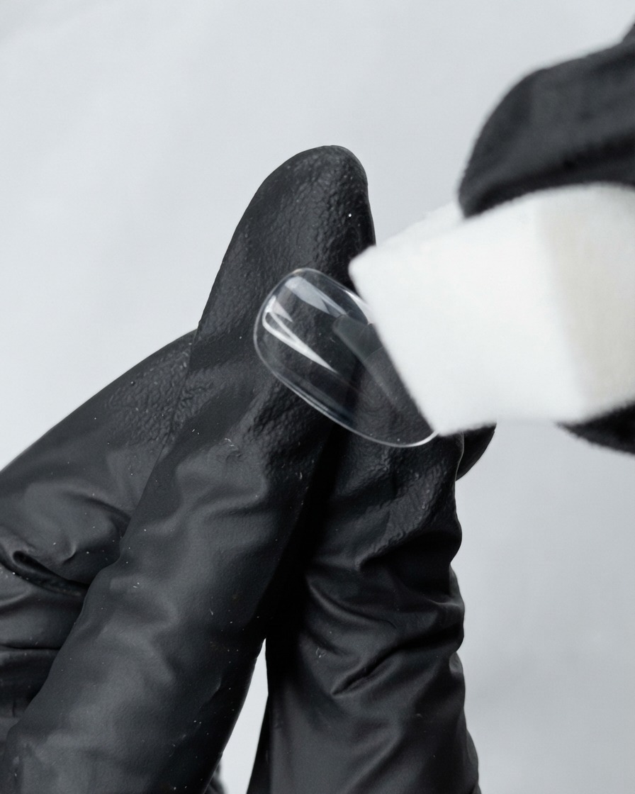 Una mano con guantes sosteniendo una punta de uña de práctica transparente mientras usa un bloque pulidor de esponja blanca para pulir la superficie.