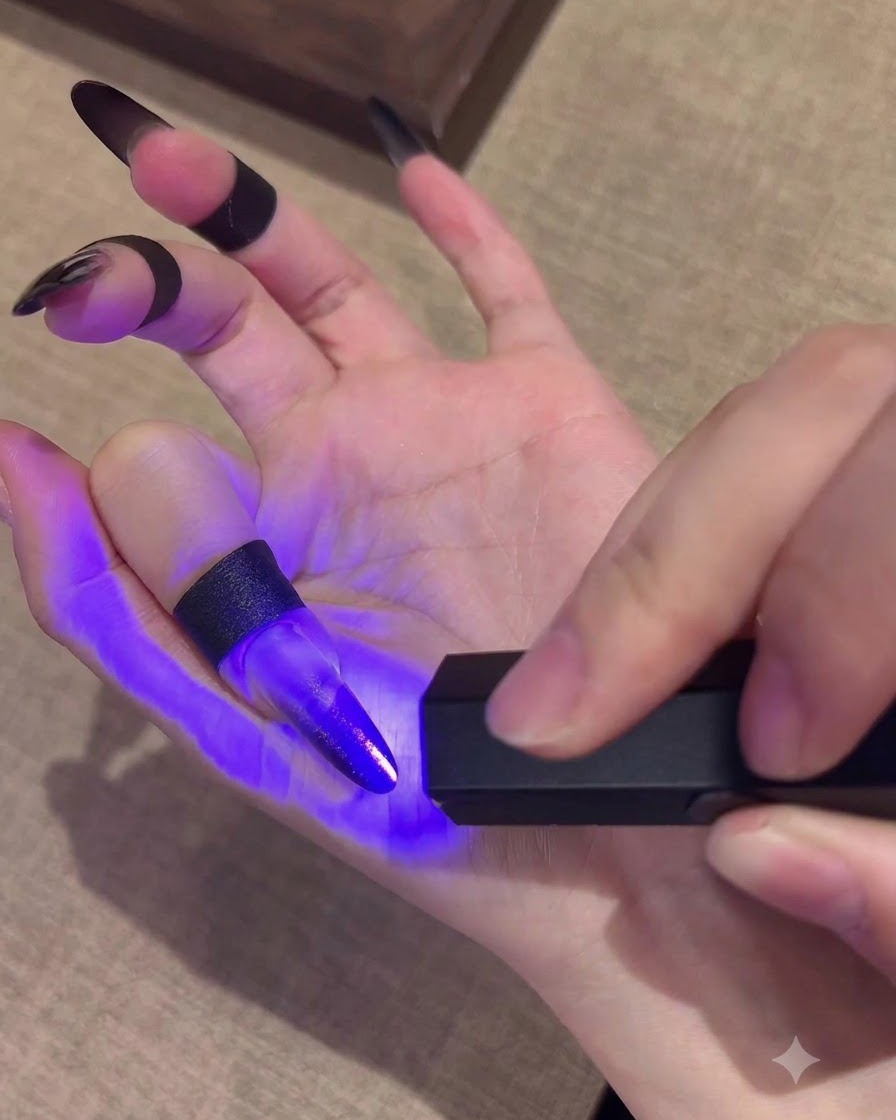 Una mini lámpara UV portátil curando una capa de gel negro degradado en una uña postiza larga.
