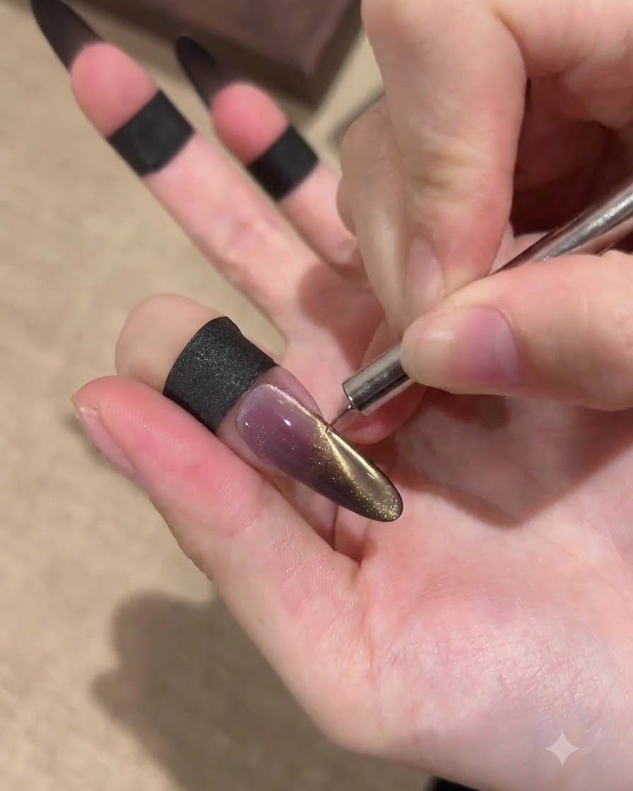 Una mano usando una herramienta magnética delgada cerca del borde lateral de una uña estilete larga para resaltar un efecto ojo de gato dorado sobre una base oscura.