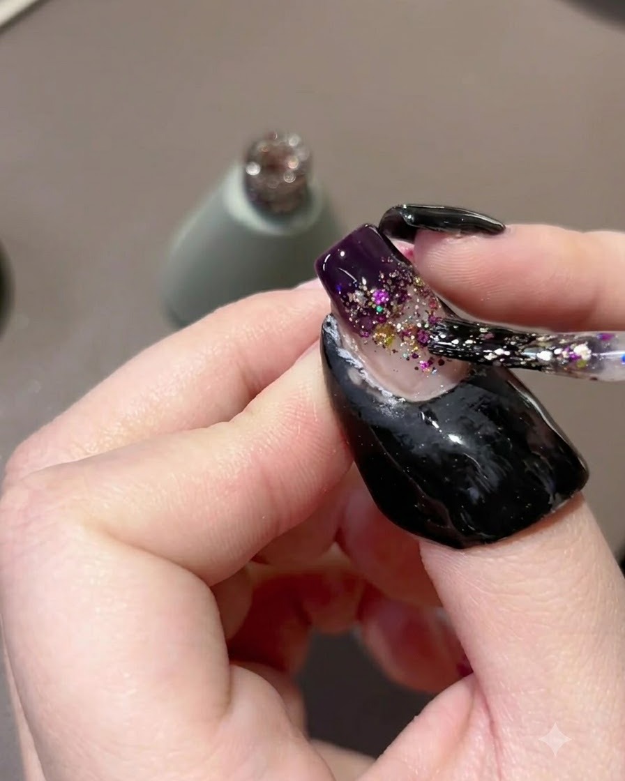 Un pincel para uñas dando toquecitos y arrastrando partículas de purpurina morada por la uña para formar un degradado.