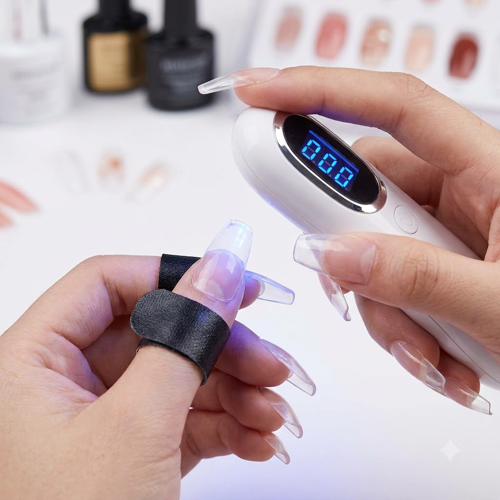 Una minilámpara UV/LED portátil curando un conjunto de uñas decoradas.