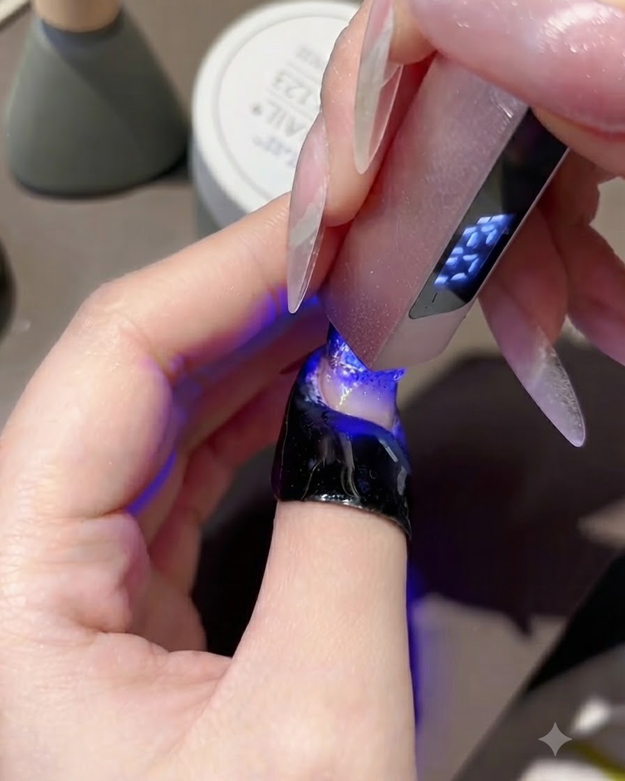 Una mini lámpara LED UV rosa para uñas curando el gel rellenador alrededor de la pedrería en una uña terminada.