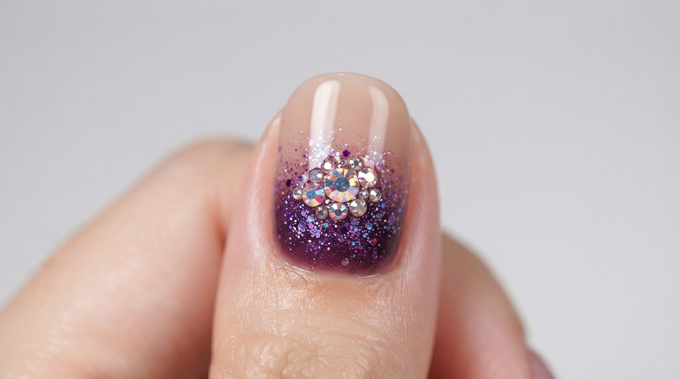 Degradado de purpurina morada con pedrería aurora: Tutorial de uñas de gel para invierno