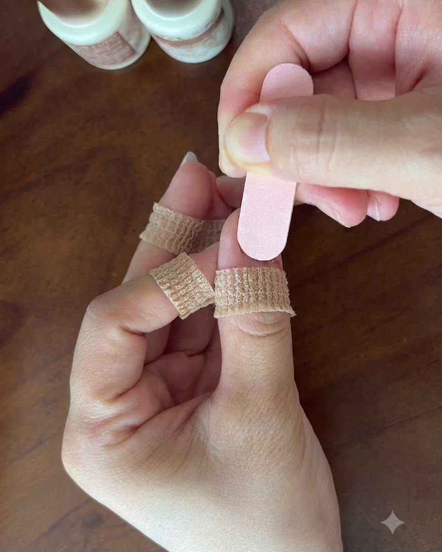 Una mano sosteniendo suavemente una lima de uñas rosa sobre la superficie de una uña natural.