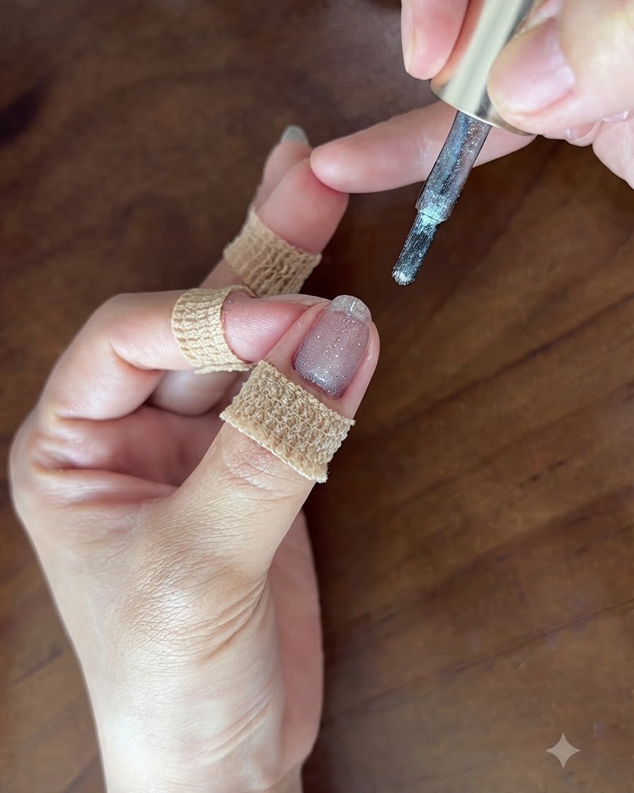 Una herramienta magnética colocada cerca de una uña con gel húmedo brillante para crear el patrón ojo de gato.