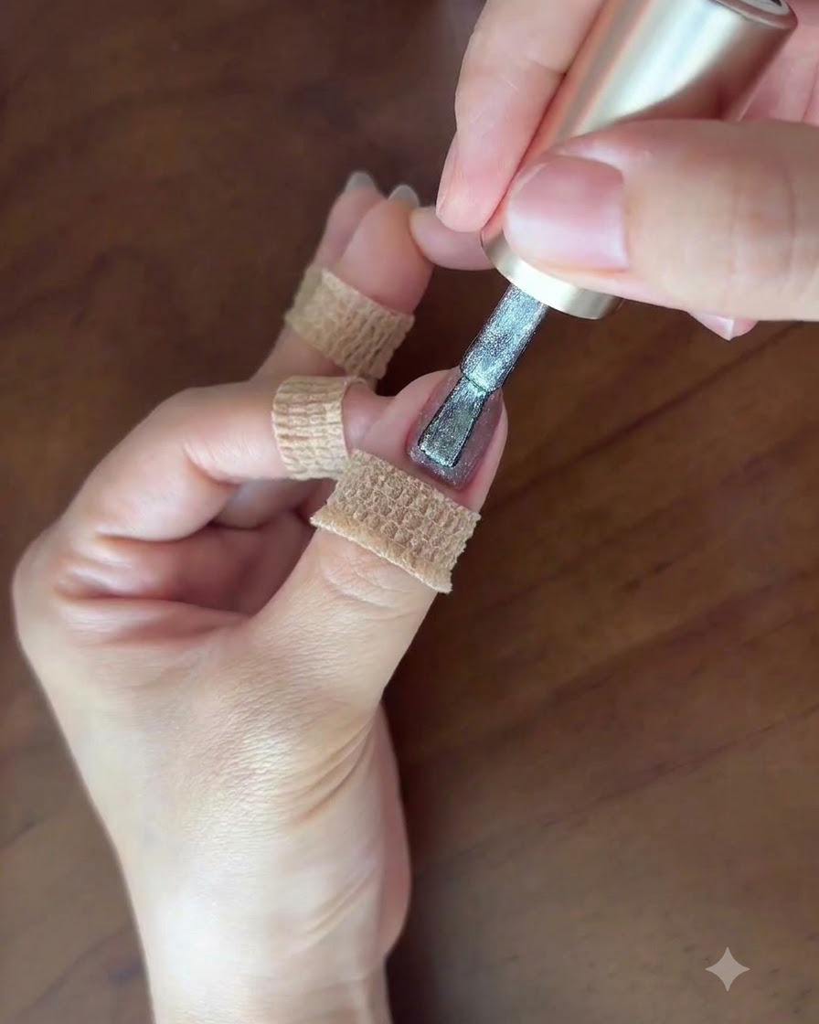Un pincel aplicando cuidadosamente una segunda capa fina de gel ojo de gato gris plateado en la uña.