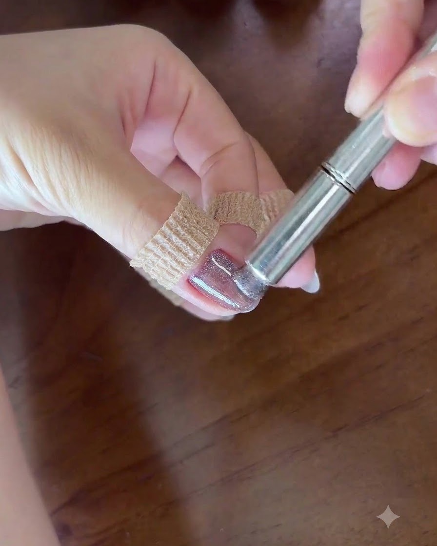 Primer plano de una mano sosteniendo un imán cilíndrico directamente sobre una uña pintada con gel morado húmedo para crear un destello brillante.
