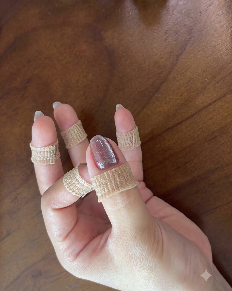 Primer plano de una mano en reposo que muestra una uña terminada con gel ojo de gato morado brillante.