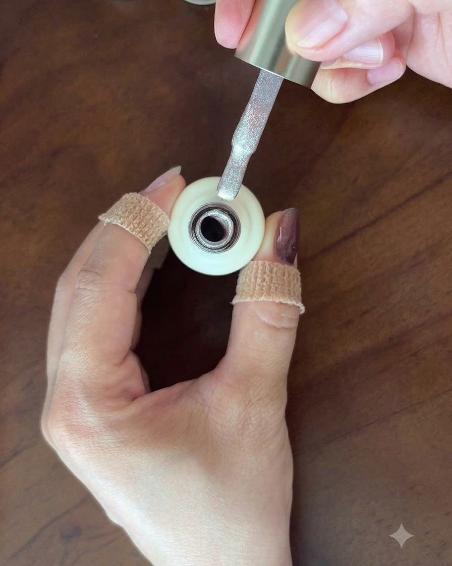 Un pincel de esmalte de uñas sosteniendo gel ojo de gato rosa concha sobre una uña.