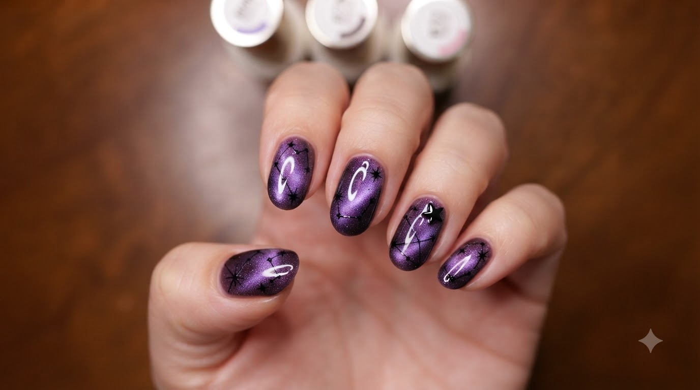 Nail Art en Gel Ojo de Gato Morado con Estrellas y Luna — Tutorial Paso a Paso