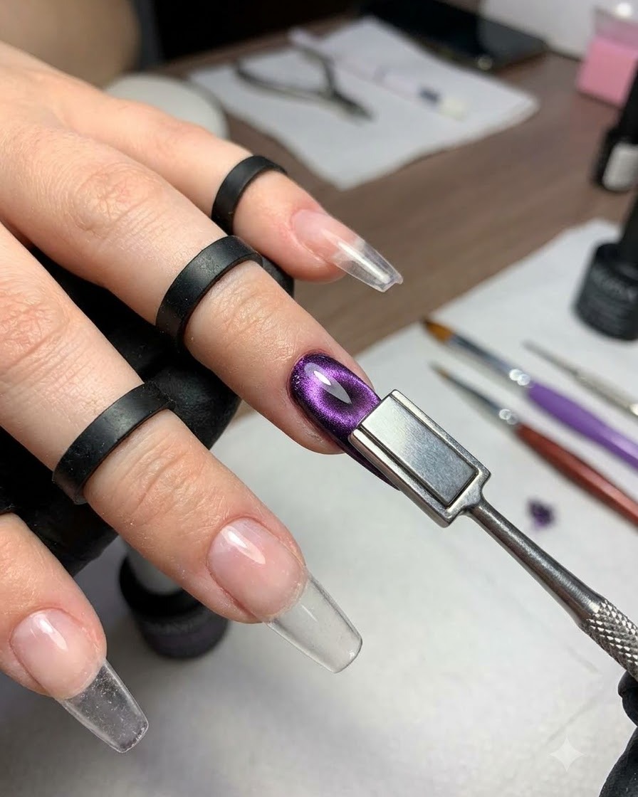 Una herramienta metálica con un imán sostenido de cerca sobre una uña de gel ojo de gato morado para crear un reflejo brillante.