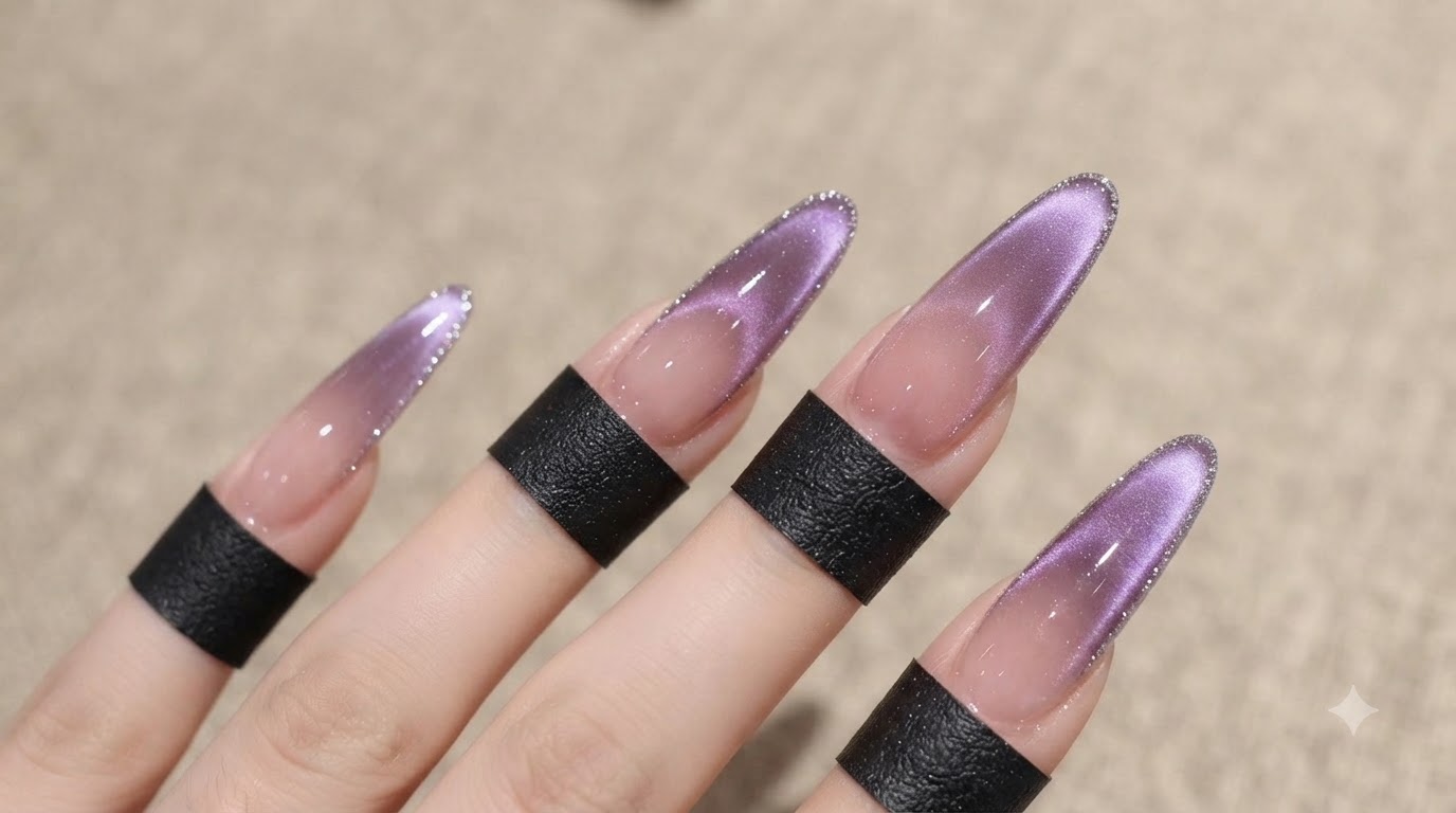 Uñas de Hada Ombré con Efecto Ojo de Gato Morado — Tutorial Paso a Paso