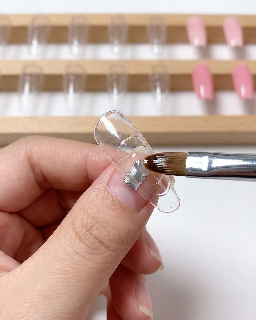 Dedos y pincel presionando un trozo de papel film transparente sobre la superficie húmeda de gel dentro de un tip de uña.