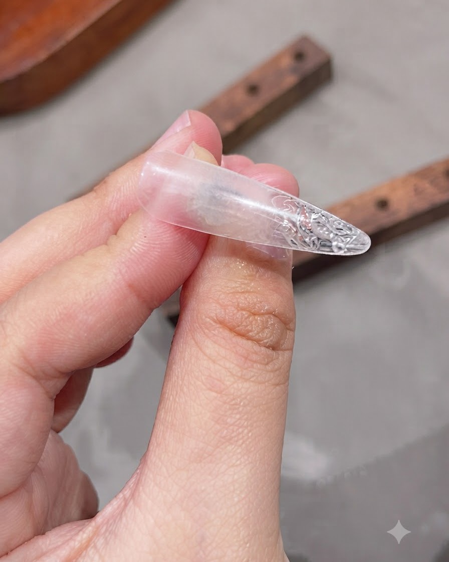 Primer plano de una mano sosteniendo un tip de uña transparente limpio y texturizado que muestra el efecto de hielo agrietado final.