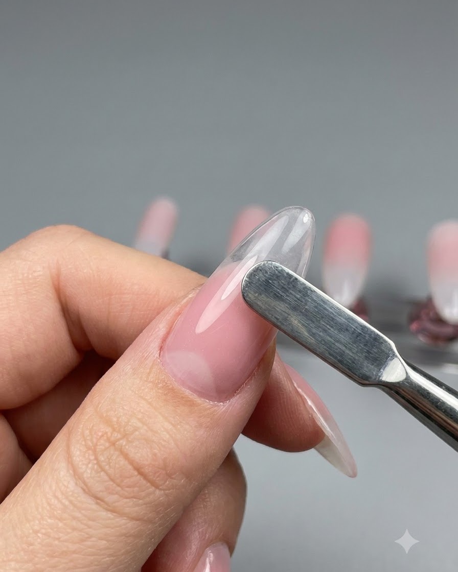 Herramienta de metal alisando un degradado de gel rosa nude sobre la superficie de un tip de uña con forma almendrada.