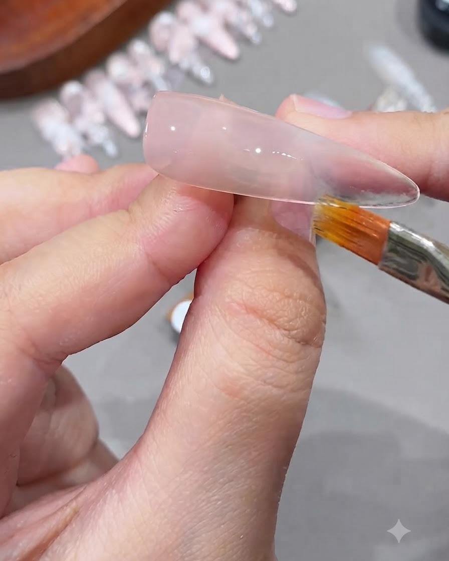 Primer plano de una mano usando un pincel de nail art para difuminar esmalte en gel rosa hacia adelante en un tip transparente.