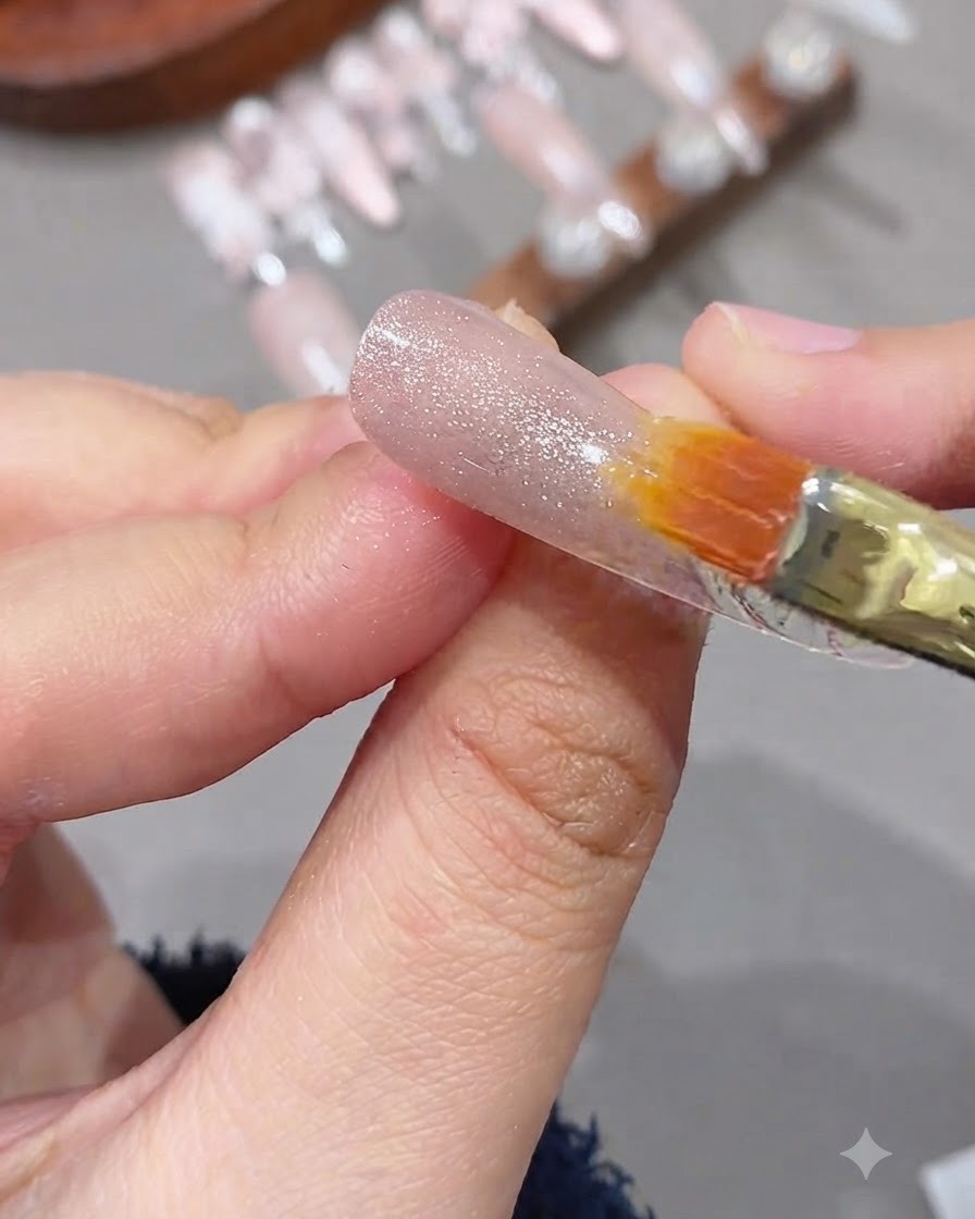 Pequeño imán para uñas flotando muy cerca de una uña pintada con gel ojo de gato para concentrar la línea de luz brillante.