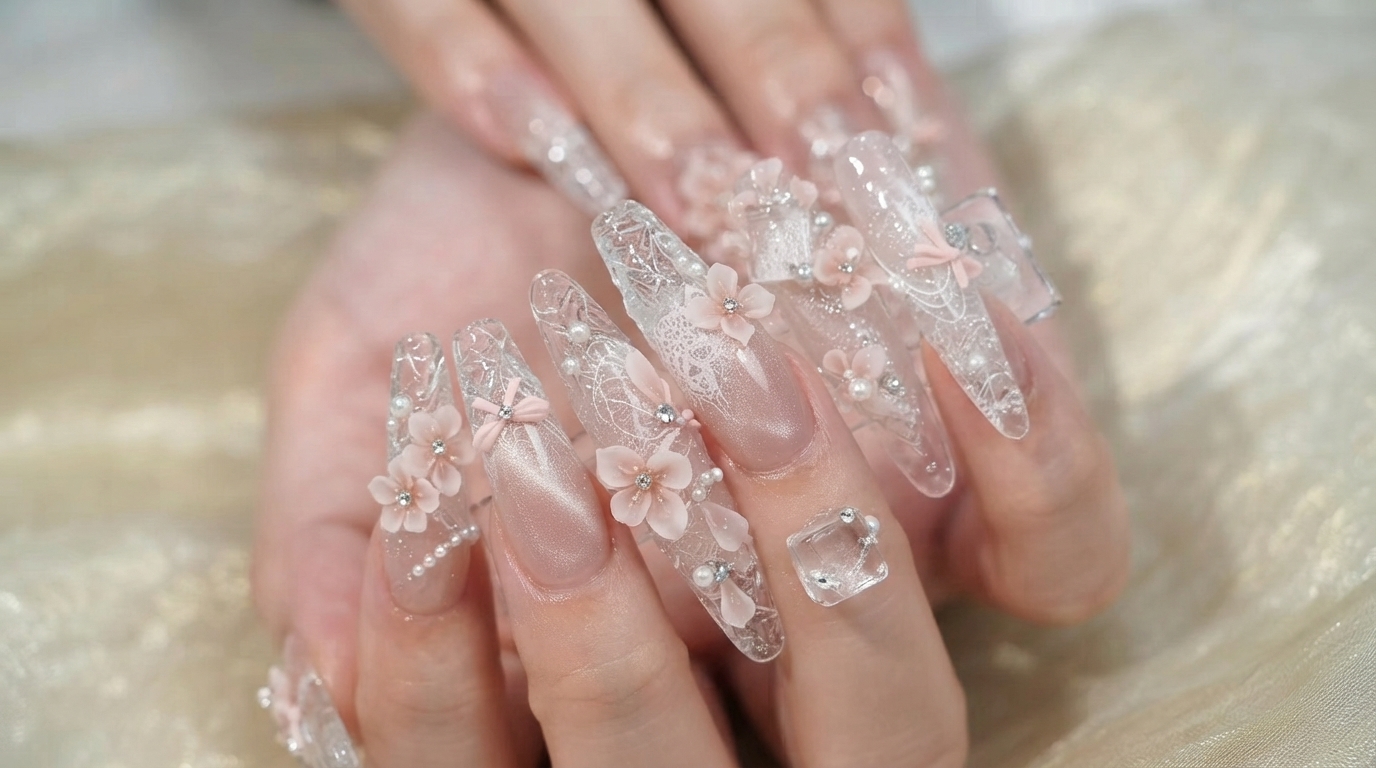 Uñas de Gel Efecto Hielo y Flor de Durazno — Tutorial Paso a Paso