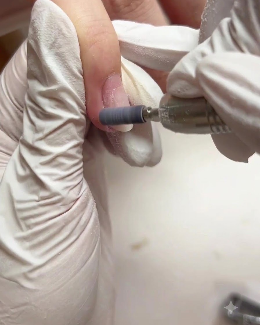 Un torno eléctrico con una fresa de banda de lija trabajando sobre la superficie de una uña natural preparada.