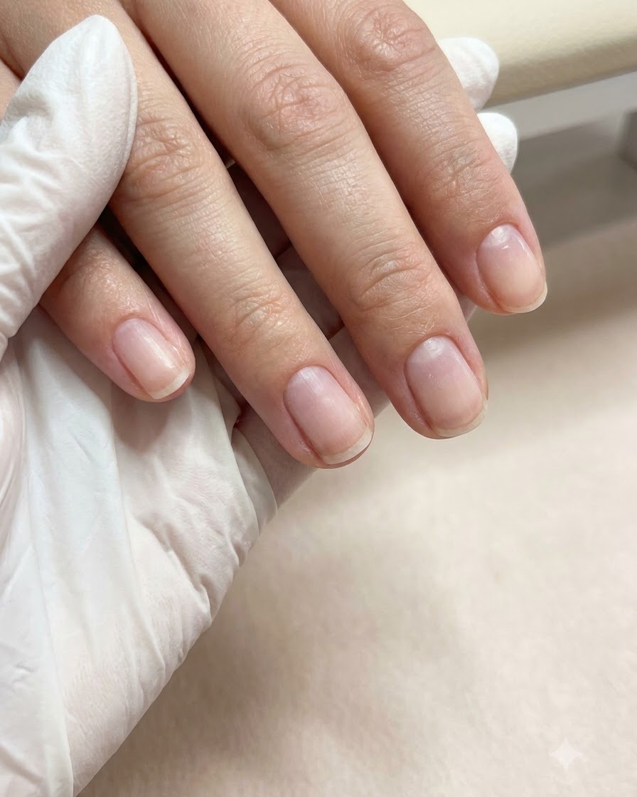 Una foto de cerca de una mano con uñas perfectamente preparadas reposando bajo una pequeña lámpara UV/LED portátil.